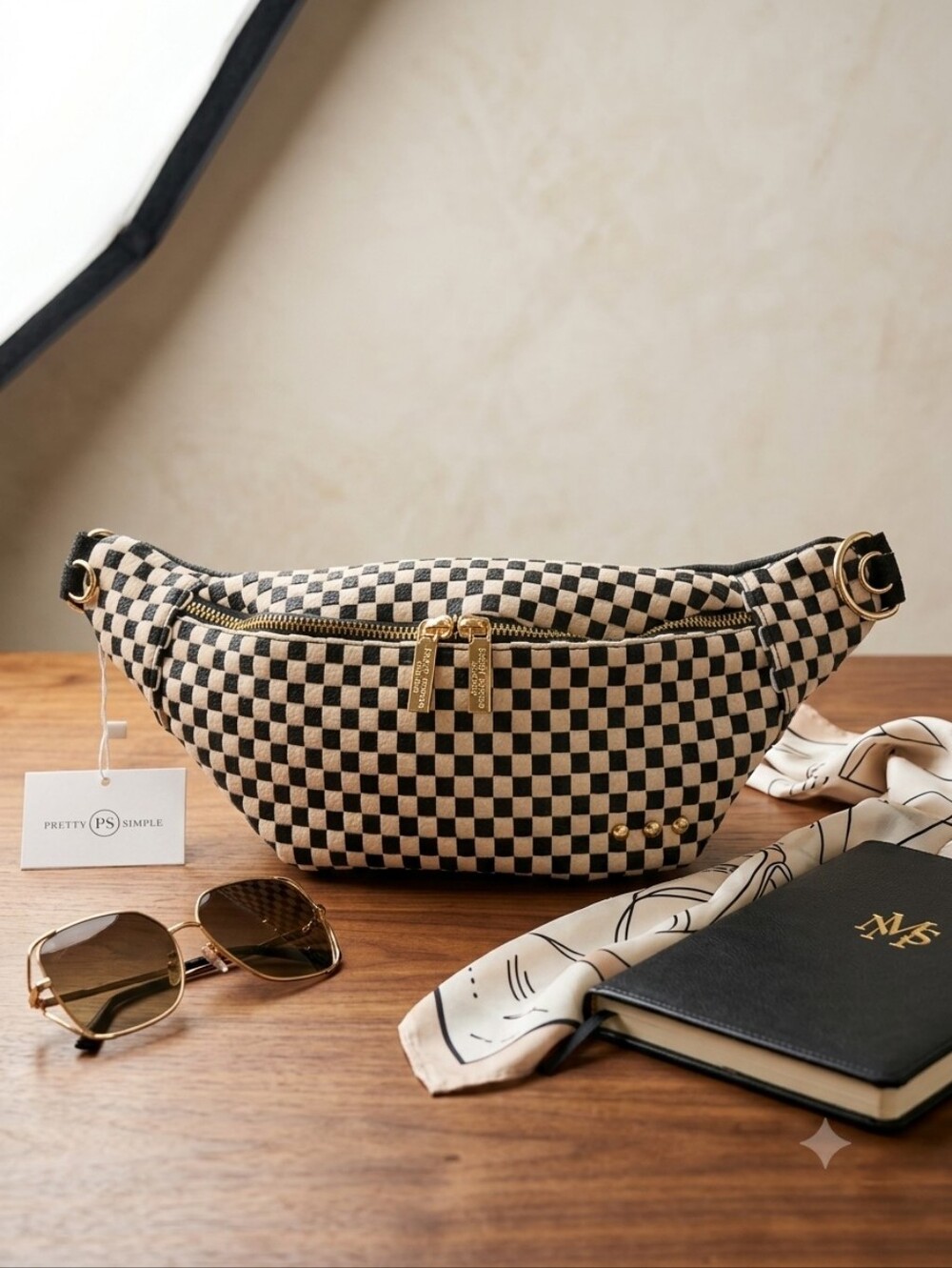 Pretty Simple Women's Woven Susie Sidekick Bum Black Checkered Leather Crossbody